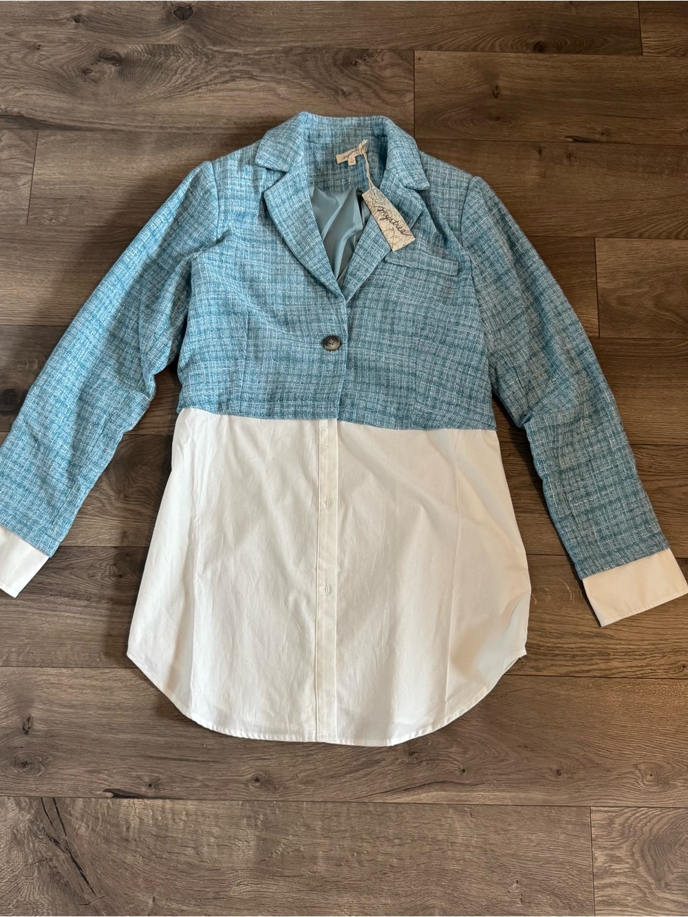 Blue Tweed & White Shirt-Layered Blazer Top